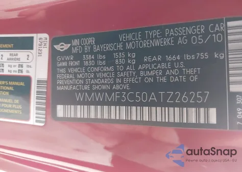 2010 Mini Cooper z USA, uszkodzony, nr VIN WMWMF3C50ATZ26257